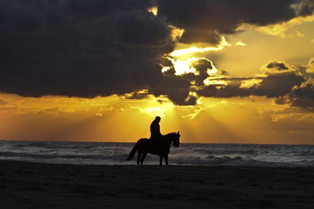 Palestinian rides horse at beach