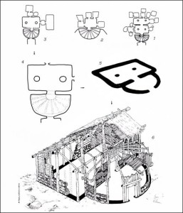 Ricostruzione ideale di una capanna preistorica partendo dalla planimetria delle domus de janas con raffigurazione architettonica