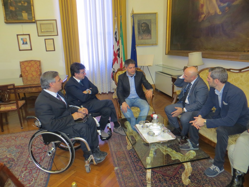 Luca Pancalli, Sandrino Porru, Paolo Poddighe e Simone Carrucciu incontrano l'assessore allo sport del comune di Cagliari Yuri Marcialis